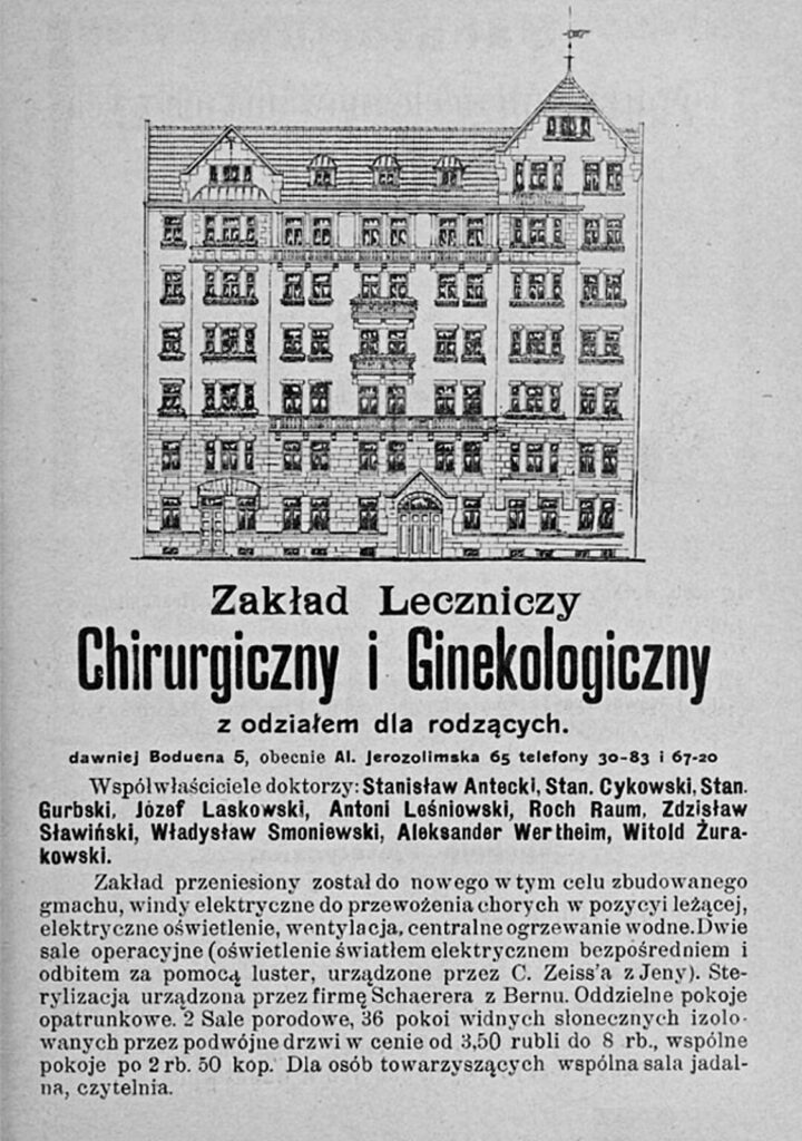 Rysunek budynku zakładu leczniczego z opisem, przedstawiający pięciopiętrową strukturę z oknami i wejściem głównym.