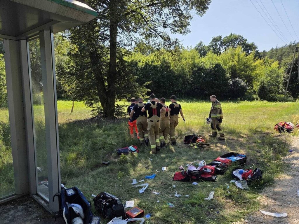 Grupa strażaków w mundurach z narzędziami w rękach przechodzi przez trawiaste pole, obok porozrzucane torby i sprzęt ratunkowy.