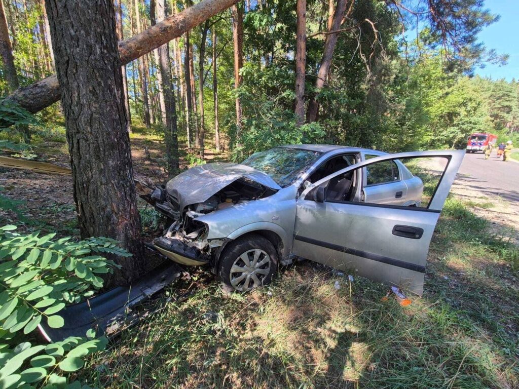 Uszkodzony samochód osobowy stoi przy pniu drzewa w lesie, z otwartymi drzwiami i widocznymi uszkodzeniami przodu.