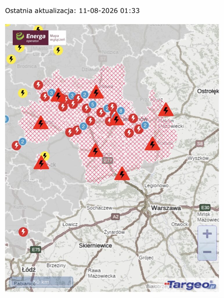 Mapa z oznaczeniami wyłączeń prądu w rejonie centralnej Polski, z symbolami błyskawic i kolorowymi oznaczeniami.