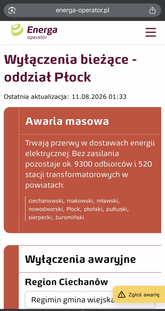 Informacja o awarii masowej przerwy w dostawach energii elektrycznej, z listą powiatów i liczby odbiorców.