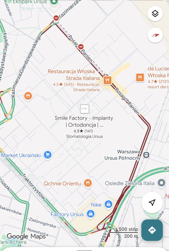 Mapa z oznaczeniem dróg, restauracji i punktów usługowych w obszarze Ursusa, z widocznymi trasami komunikacyjnymi.
