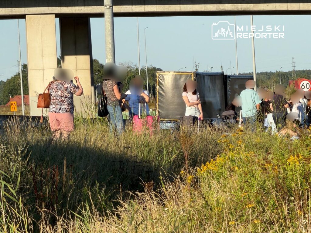 Grupa osób stoi w wysokiej trawie obok drogi, nieopodal zjeżdżalni, rozmawiając i robiąc zdjęcia.