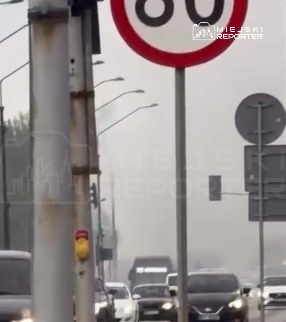 Ruch uliczny w gęstej mgle, z widocznym znakiem drogowym ograniczającym prędkość do 80 km/h.