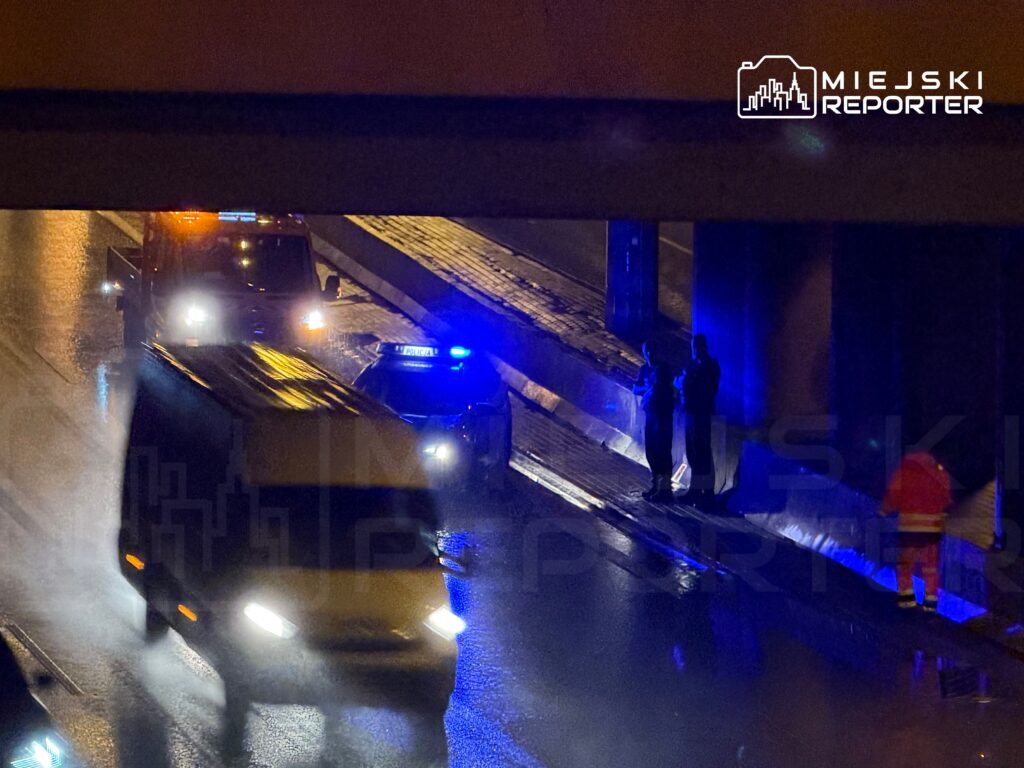 Jasnoniebieskie światła policyjne oświetlają mokrą nawierzchnię drogi, gdzie stoi dwóch funkcjonariuszy obok oznakowanego radiowozu.