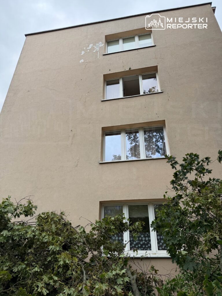 Trzy okna w elewacji budynku mieszkalnego, z uszkodzeniami na ścianie i gałęziami drzew w pobliżu.