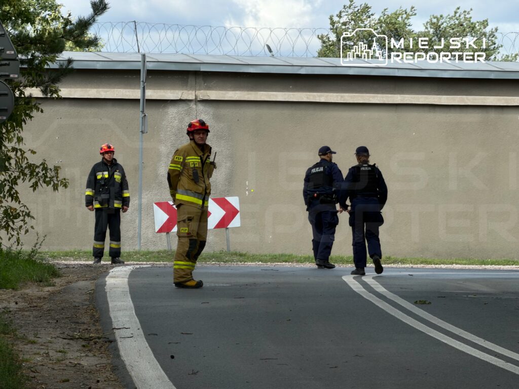 Strażacy w mundurach i kaskach obserwują teren przy ogrodzeniu z drutu kolczastego, obok policjanci rozmawiają.