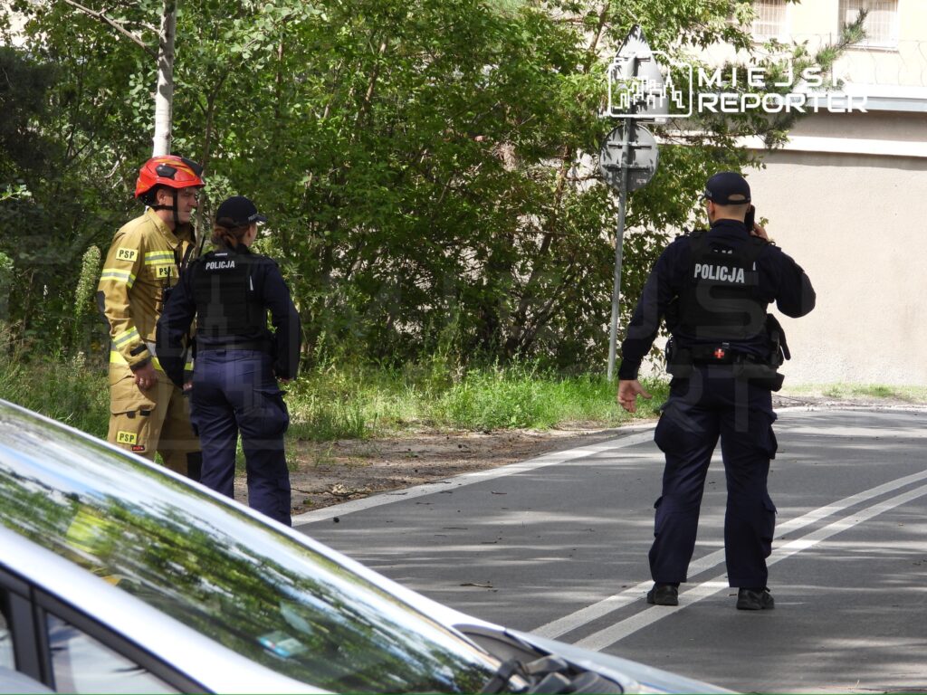 Strażak w hełmie rozmawia z policjantką na drodze, obok stoi policjant prowadzący rozmowę telefoniczną.