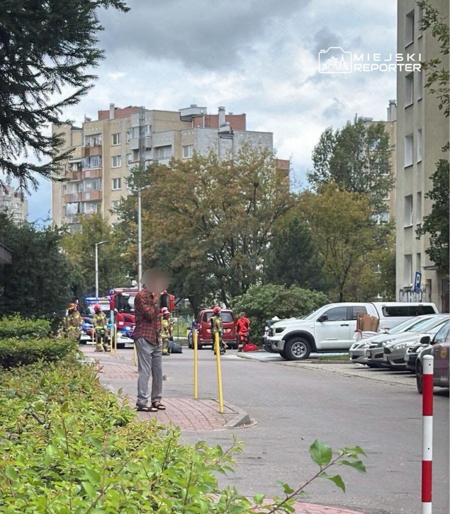 Mężczyzna w koszuli w kratę stoi obok drogi, a w tle widać pojazdy straży pożarnej oraz ratowników medycznych.
