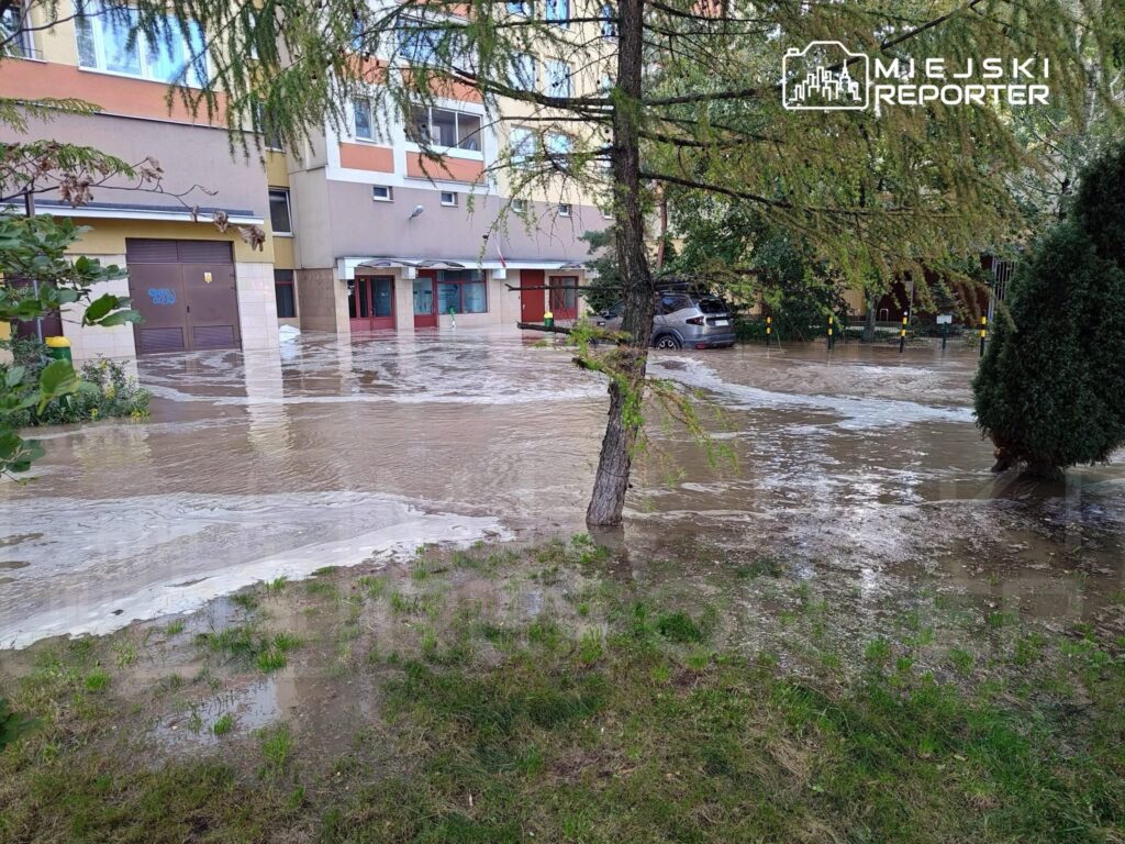 Zalany teren wokół nowoczesnego budynku mieszkalnego z widocznym samochodem i drzewami w tle.