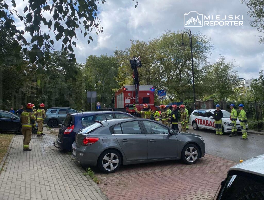 Grupa strażaków w hełmach omawia działania obok wozu strażackiego na ulicy otoczonej drzewami.