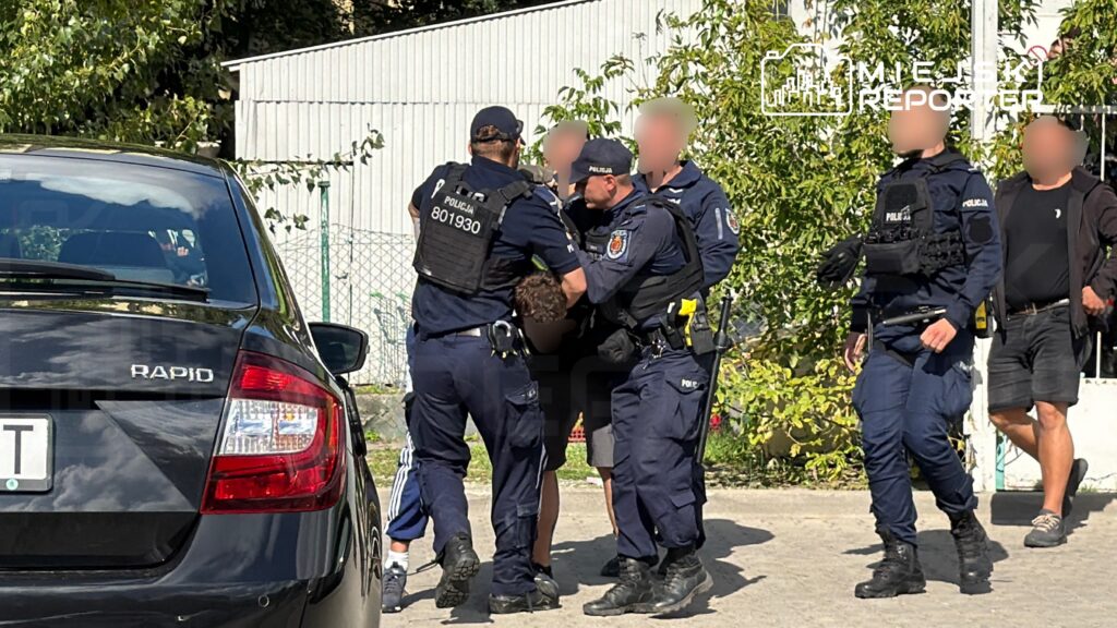Czterech policjantów w mundurach zatrzymuje mężczyznę na ulicy, w tle widać zieleń i ogrodzenie.