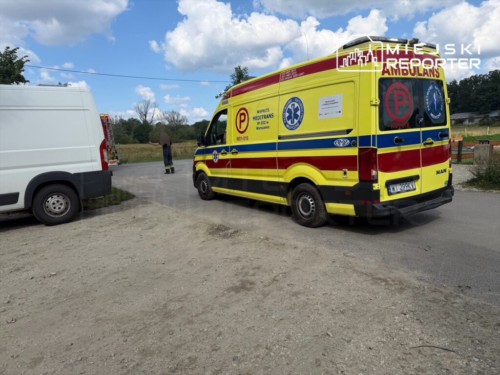 Karetka pogotowia stojąca na skrzyżowaniu z białym dostawczym samochodem, a w tle zieleń i chmury na niebie.