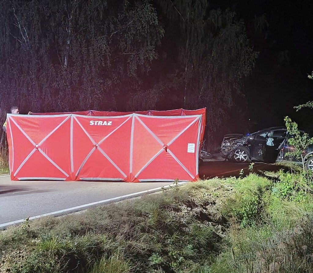 Na drodze stoi czerwona osłona z napisem "STRAŻ", obok uszkodzony samochód. Nocna sceneria z drzewami w tle.