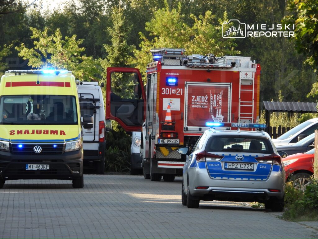 Karetka pogotowia oraz wóz strażacki zaparkowane na drodze, obok policyjny radiowóz z włączonymi sygnałami świetlnymi.