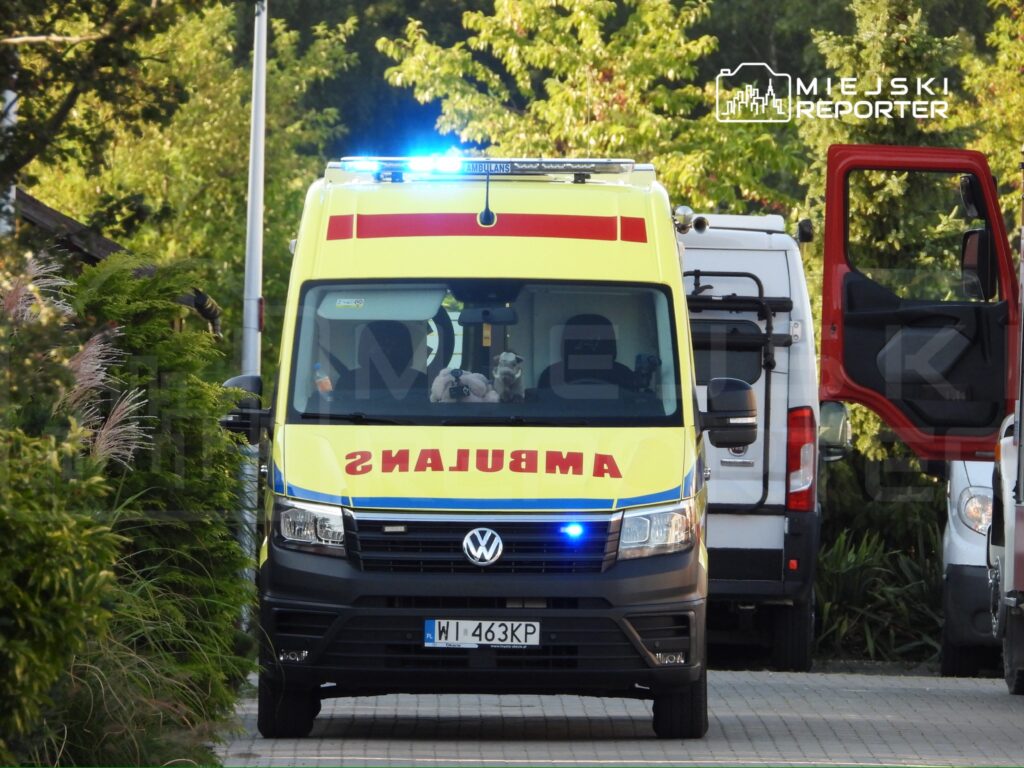 Karetka pogotowia z włączonymi sygnałami świetlnymi podjeżdża do posesji otoczonej zielenią.