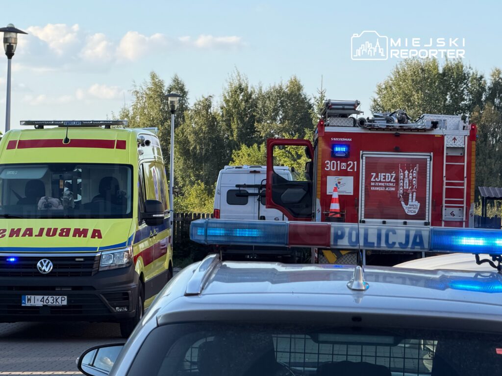 Ambulans i wóz strażacki zaparkowane obok siebie, w tle widoczne drzewa i słupy oświetleniowe. Na wozie strażackim widoczny napis "301".