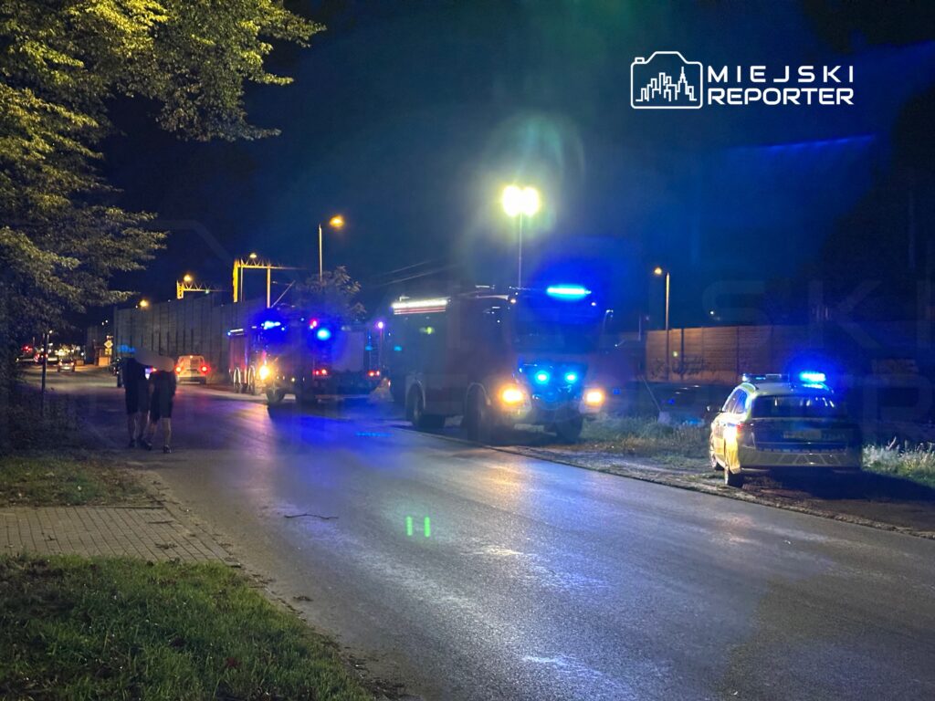 Dwaj mężczyźni spacerują wzdłuż drogi, obok zaparkowanych pojazdów służb ratunkowych w nocy.
