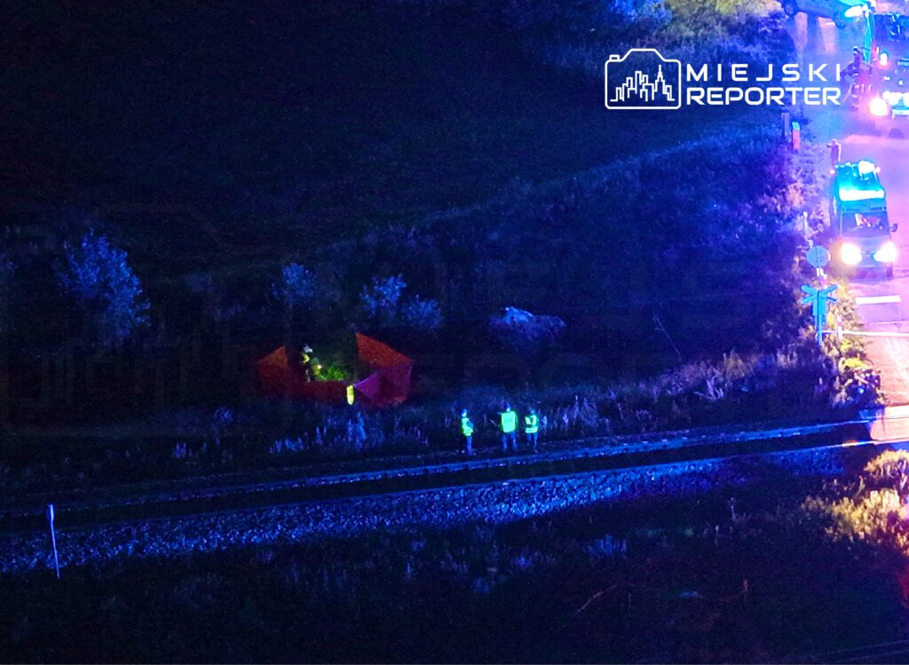 Grupa policjantów w odblaskowych kamizelkach stoi obok torów kolejowych, a w tle widać niebieskie światła radiowozów.