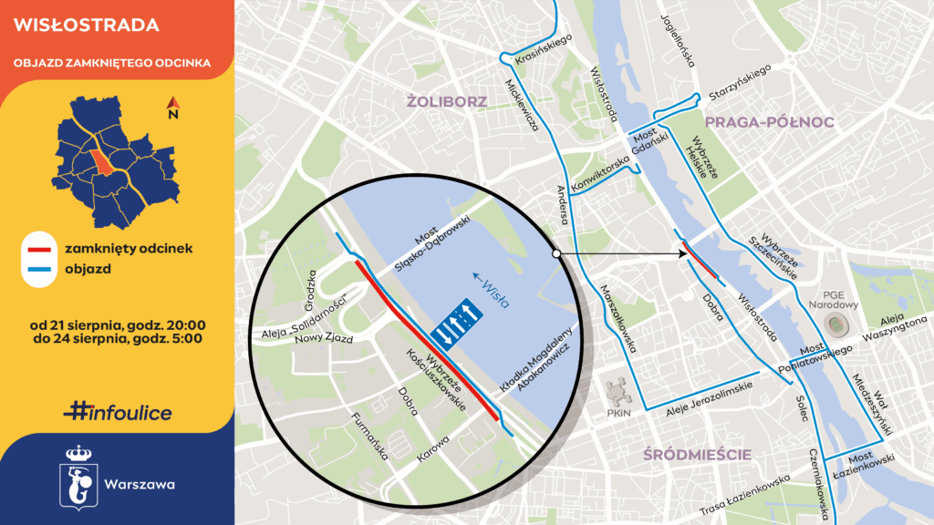 Mapa z zaznaczonym zamkniętym odcinkiem Wisłostrady oraz objazdem, z informacją o utrudnieniach od 21 do 24 sierpnia.