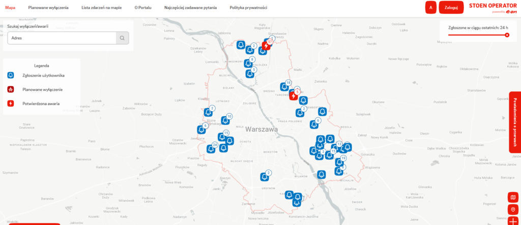 Interaktywna mapa z oznaczeniami awarii i wyłączeń w Warszawie, z legendą i opcjami wyszukiwania.