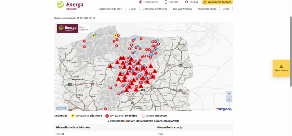 Interaktywna mapa przedstawiająca obszary wyłączeń prądu w Polsce, z oznaczeniami awarii i niezasilonych odbiorców.