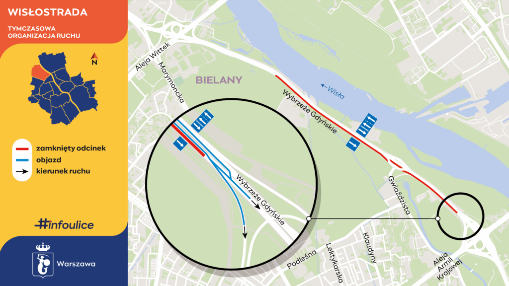 Mapa przedstawiająca tymczasową organizację ruchu na Wisłostradzie, z zaznaczonym zamkniętym odcinkiem i objazdami.
