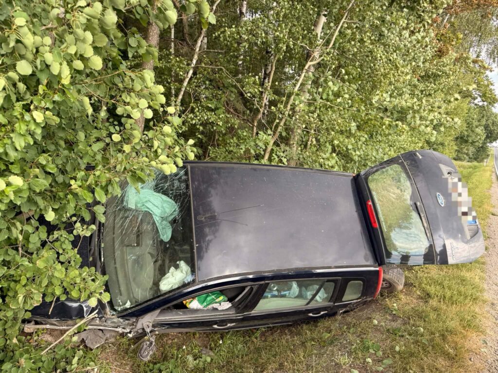 Czarny samochód osobowy leży na boku w zaroślach przy drodze, z rozbitą szybą i otwartymi drzwiami.