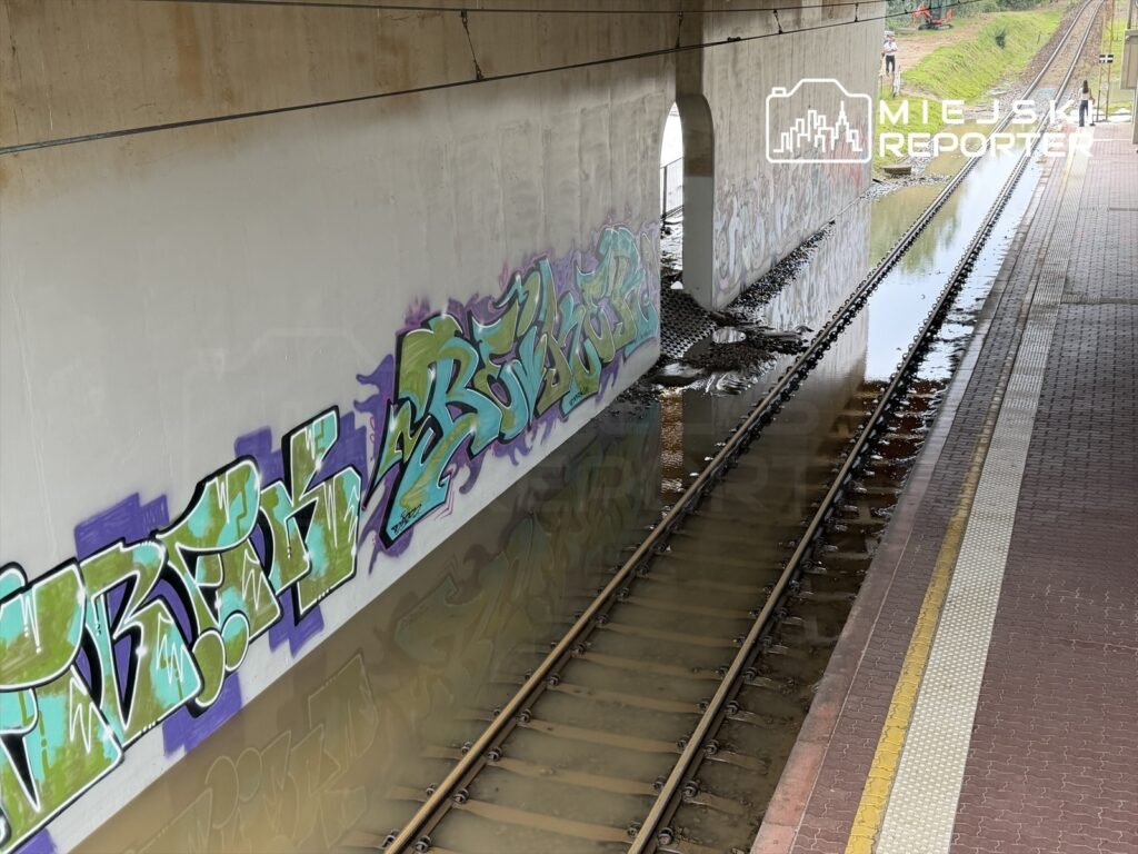Zalane tory kolejowe w tunelu, z graffiti na ścianach, woda sięga do szyn. Obok widać peron.