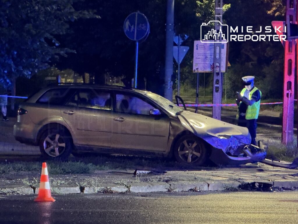 Uszkodzony samochód osobowy stoi na poboczu, a obok policjant w kamizelce odblaskowej zbiera informacje.