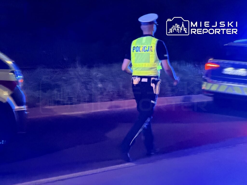 Policjant w kamizelce odblaskowej spacerujący obok radiowozu w nocy na drodze.
