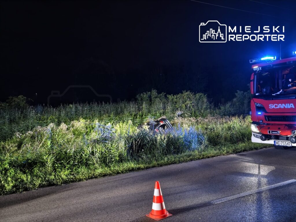 Czerwony wóz strażacki z włączonymi sygnalizacjami na poboczu drogi, obok przewrócone auto w zaroślach.