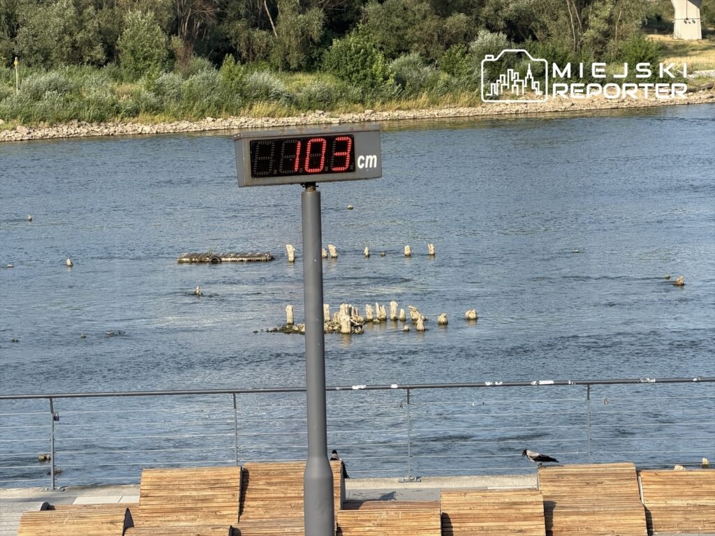 Wyświetlacz elektroniczny wskazujący poziom wody w Wiśle na 103 cm, w tle widok rzeki z wystającymi pniami.