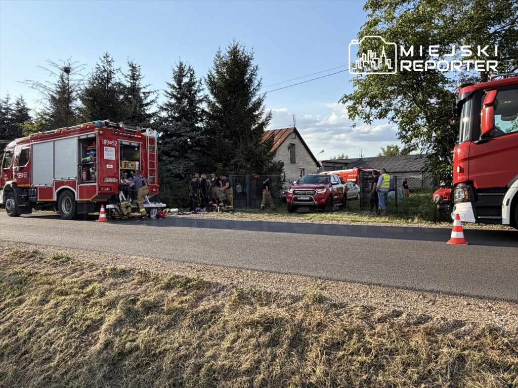 Grupa strażaków pracuje przy wozie strażackim na drodze, obok starych budynków i drzew.