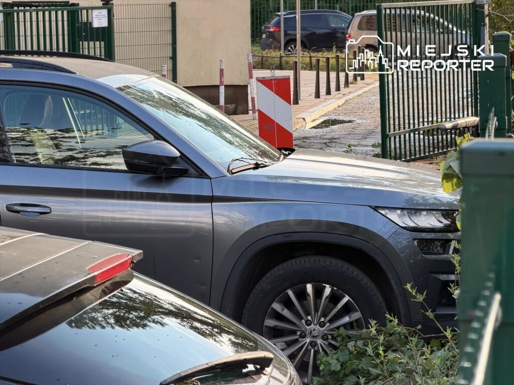 Szary SUV zaparkowany obok ogrodzenia, z widocznymi kroplami wody na karoserii. W tle widać inne pojazdy i zielone otoczenie.