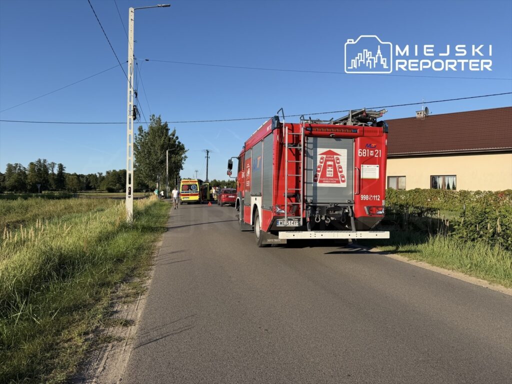Czerwony wóz strażacki oraz karetka stoją na drodze przy polu, obok widoczni ratownicy i osoby postronne.