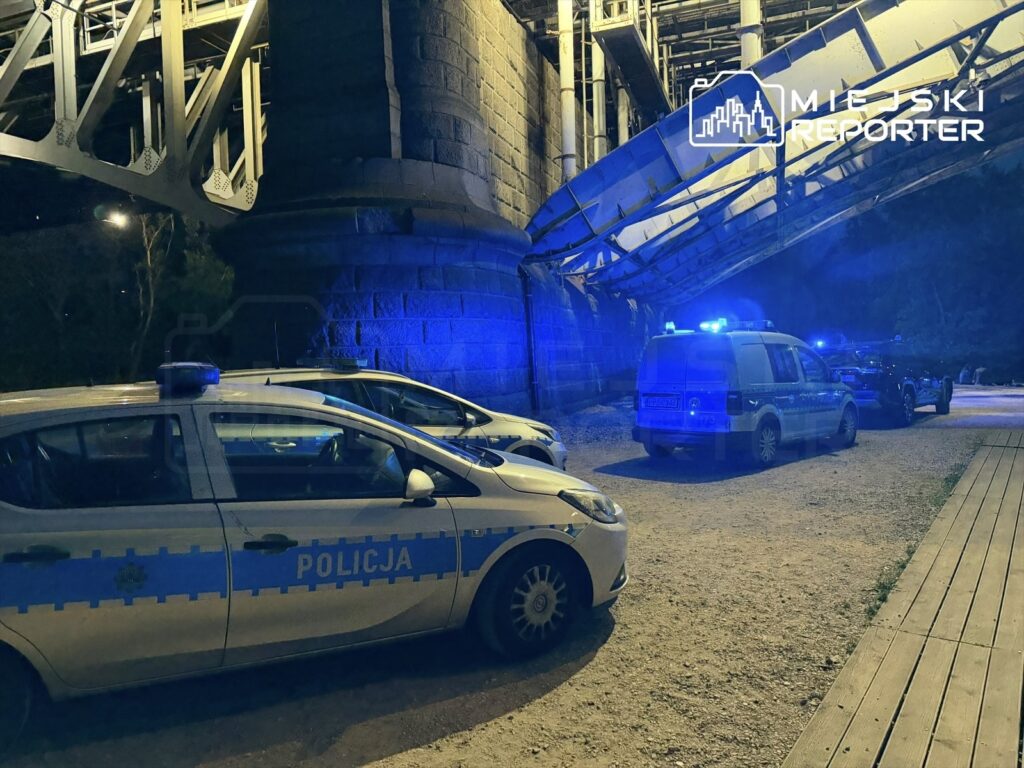 Radiowóz policyjny z włączonymi sygnałami świetlnymi stoi na parkingu pod mostem, w otoczeniu innych pojazdów.
