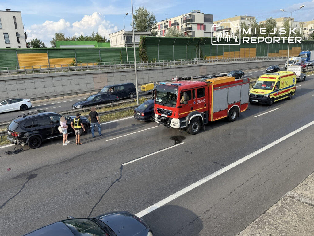 Na drodze stoją trzy osoby w pobliżu uszkodzonego czarnego SUV-a, obok którego zatrzymały się samochód straży pożarnej i karetka.