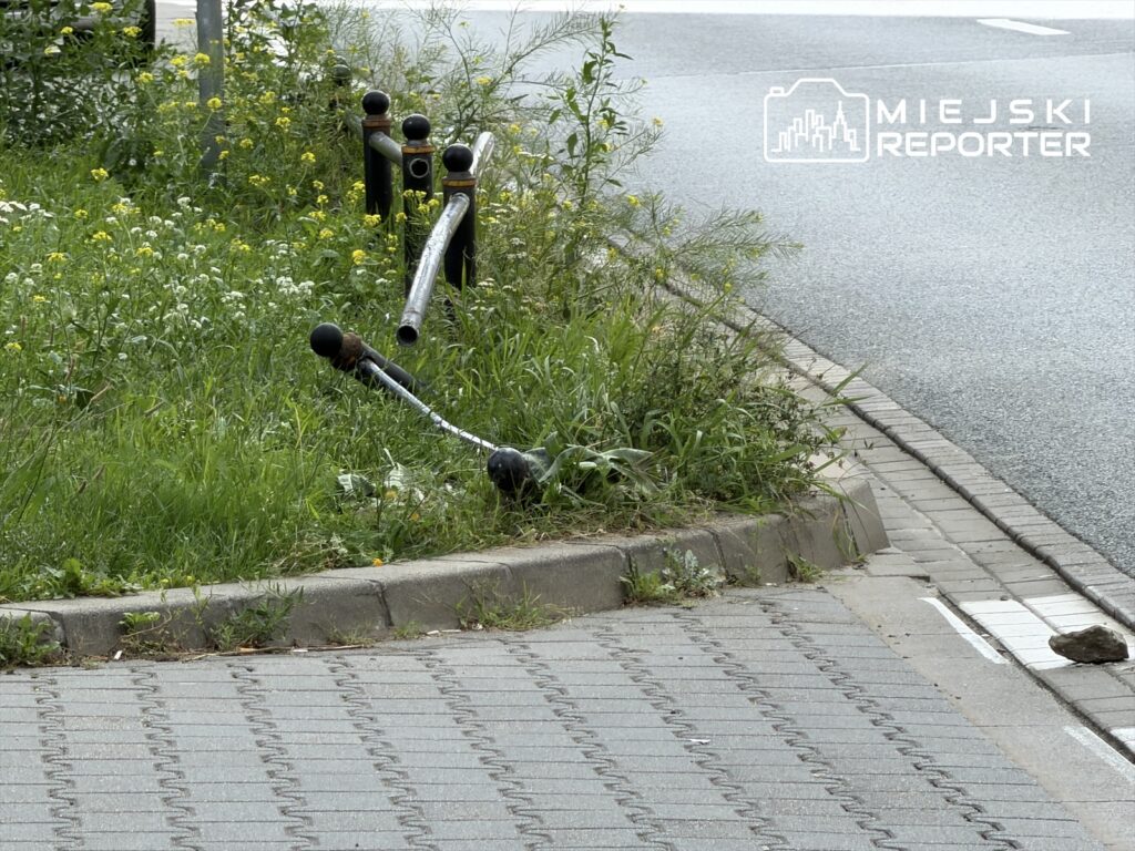 Uszkodzony metalowy słup leży na trawie obok chodnika, otoczony dziką roślinnością i kwiatami.