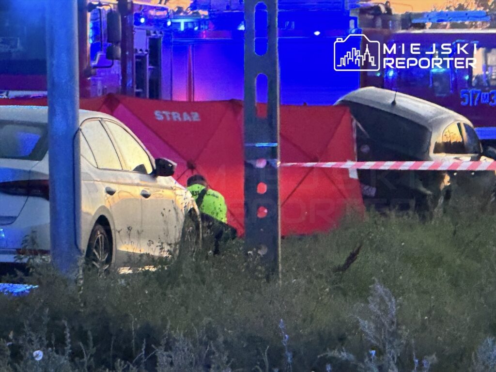 Ratownik w żółtej kurtce klęczy obok czerwonego namiotu z napisem „STRAŻ” przy dwóch samochodach na poboczu drogi.