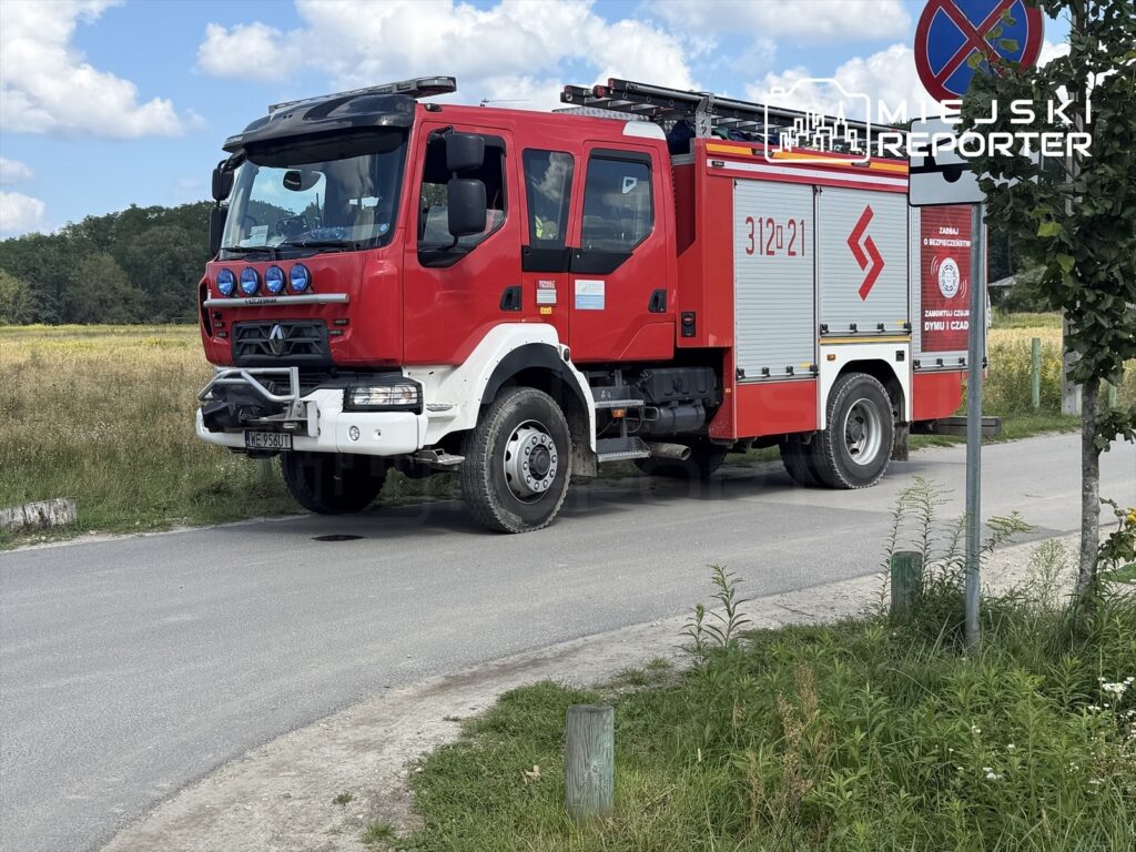 Czerwony wóz strażacki zaparkowany na drodze, obok znaku zakazu zatrzymywania, w otoczeniu zieleni.