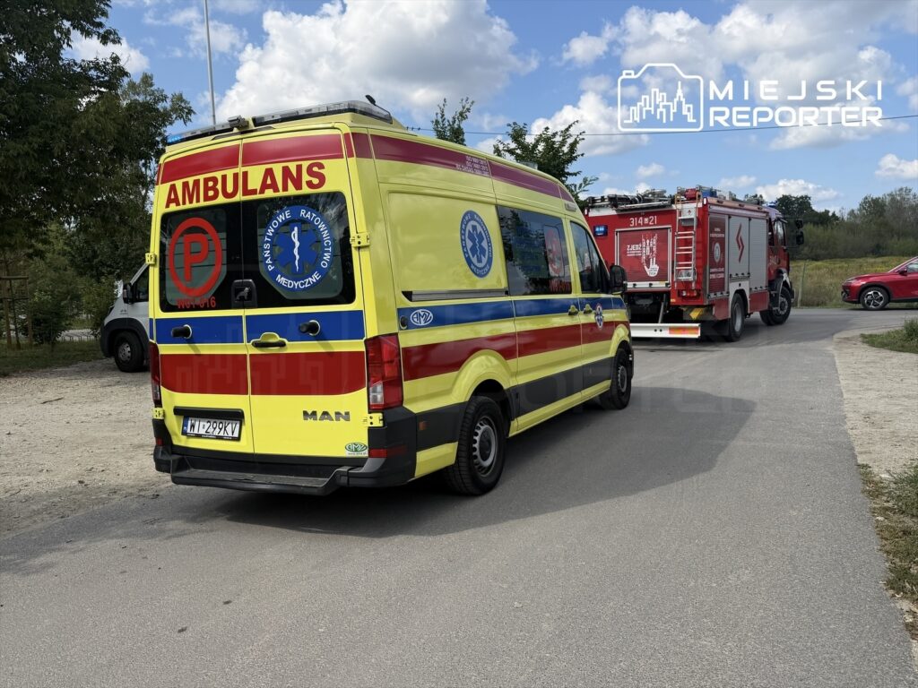 Ambulans w żółto-czerwonym kolorze zaparkowany na drodze, obok straży pożarnej i zielonego terenu.