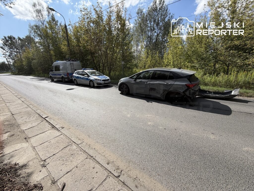 Na drodze stoi uszkodzony samochód osobowy, obok zaparkowane pojazdy policyjne oraz furgonetka. W tle widać zieleń drzew.