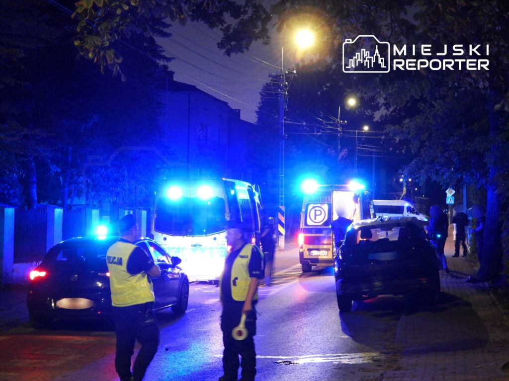 Policjanci w odblaskowych kamizelkach zabezpieczają miejsce zdarzenia, obok stoją radiowozy z włączonymi sygnałami świetlnymi.
