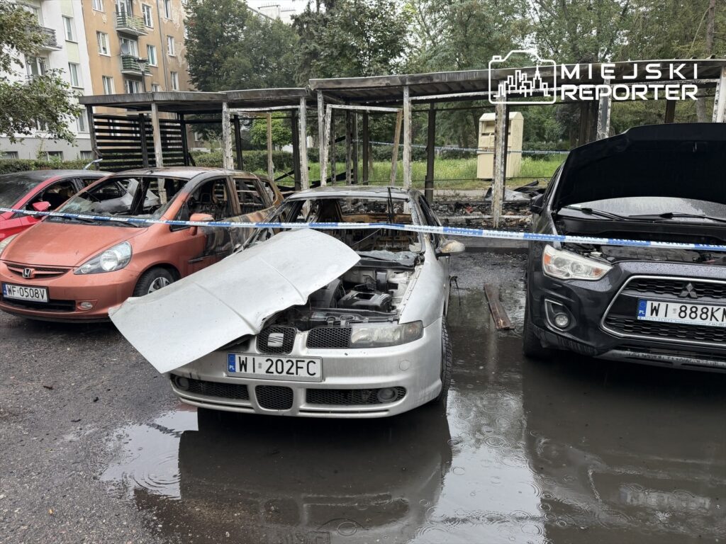 Zniszczone pojazdy, w tym szary samochód z otwartą maską, stoją na zalanym wodą parkingu w otoczeniu spalonej altany.
