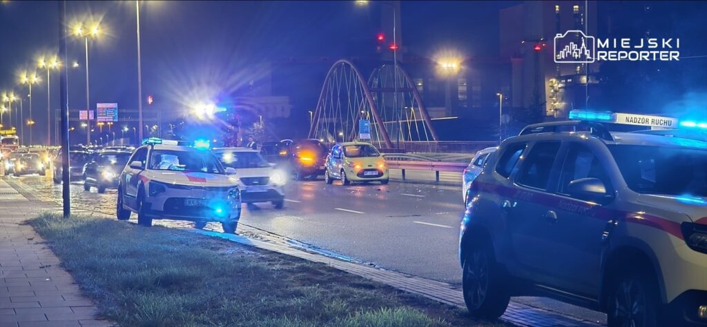 Na jezdni stoją policyjne radiowozy z włączonymi sygnałami świetlnymi, w tle ruchliwa droga nocą.