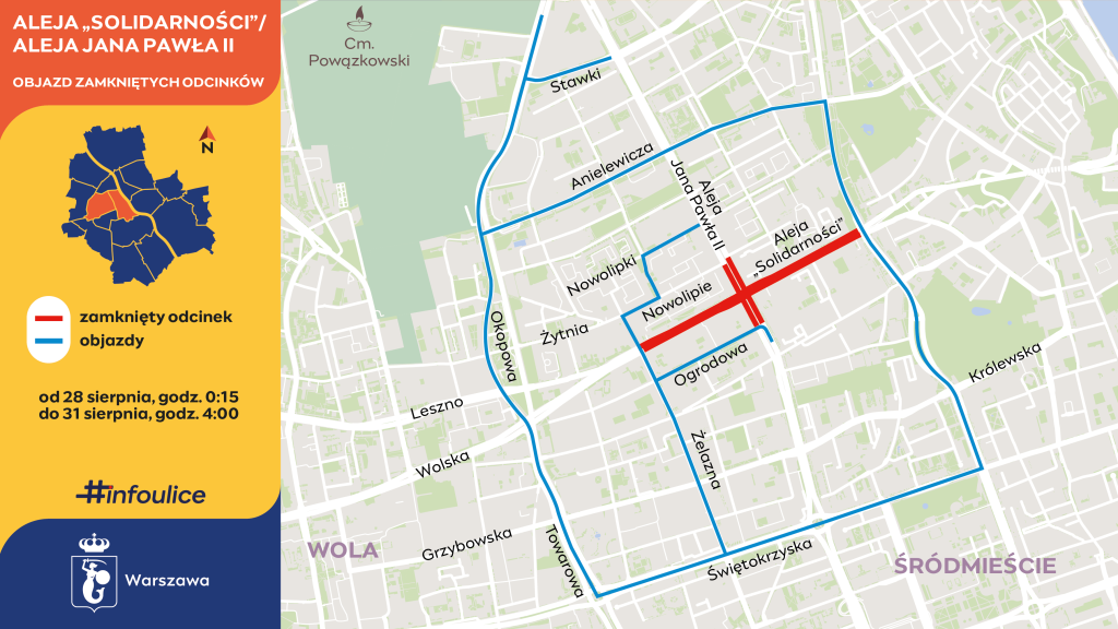 Mapa z lokalizacją zamkniętych odcinków Aleji „Solidarności” i Aleji Jana Pawła II oraz objazdów.