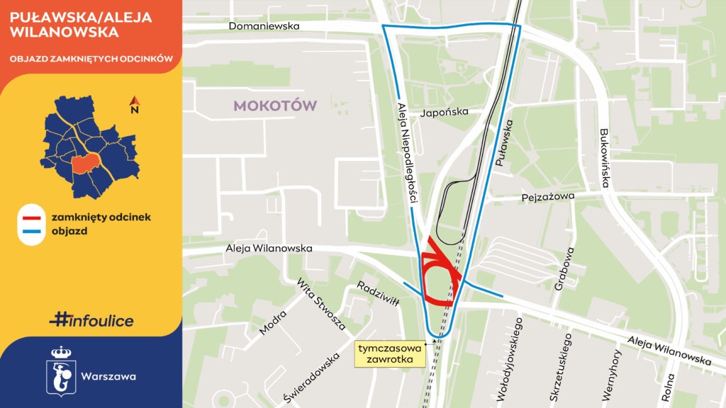 Mapa przedstawiająca zamknięty odcinek drogi oraz objazdy w okolicy alei Wilanowskiej i Puławskiej.