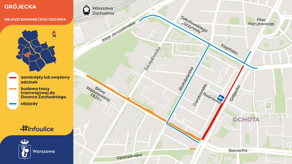 Mapa przedstawiająca zamknięty odcinek ulicy Grójeckiej oraz objazdy związane z budową trasy tramwajowej.