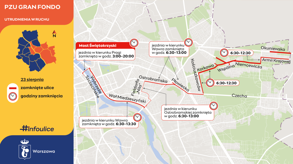 Mapa przedstawiająca zamknięte ulice w Warszawie z datą 23 sierpnia oraz godzinami utrudnień.